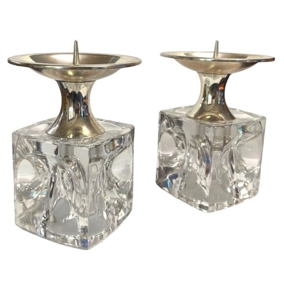 Vtg Rudolf Jurnikl Cut Glass Cube Candle Holder Chromed Silver Spike Sklo Union - Picture 1 of 5